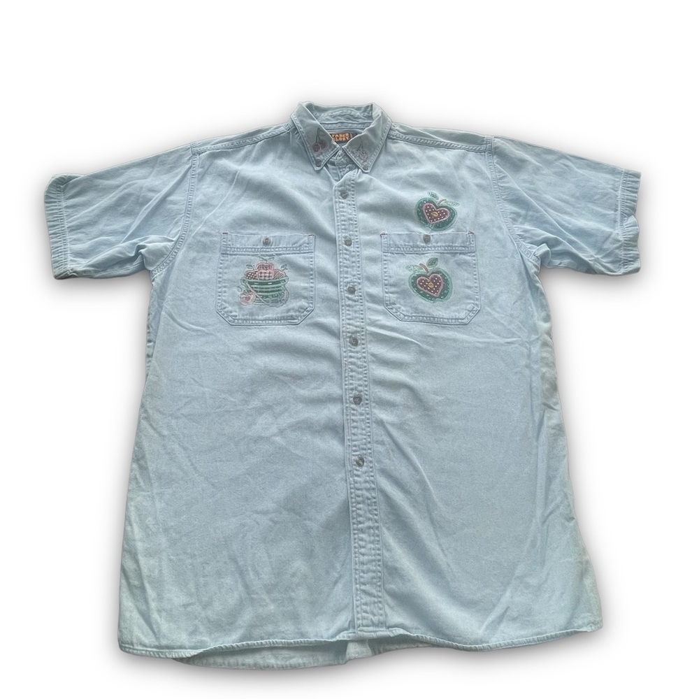 Vtg Faded Glory Fruit Embroidered Light Denim Short Sleeve Button up Sz M-XL 90s